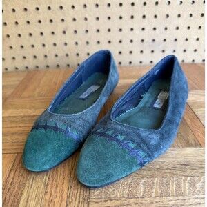 Vintage 90s Forest Green Suede Ballet Flats | Two-Tone Colorblock Skimmers